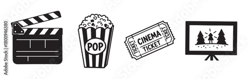 A set of hand-drawn black and white doodle icons representing cinema and movie entertainment, including a clapperboard, popcorn, tickets, and a film screen isolated on a white background