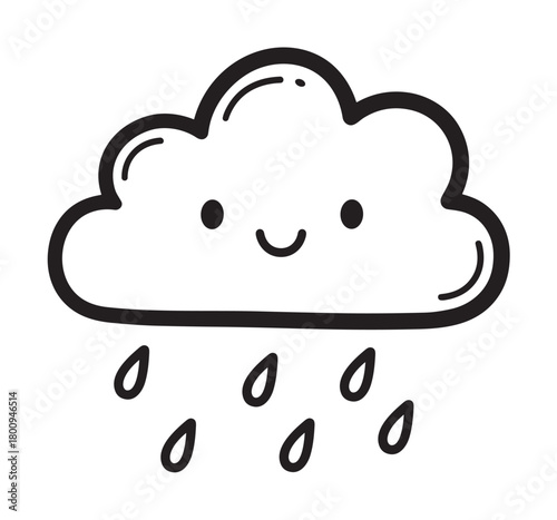 A cute and happy hand-drawn cartoon cloud with a smiling face raining droplets, a simple black and white doodle illustration isolated on a white background