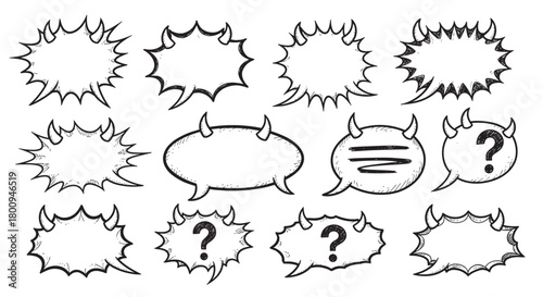 A collection of hand-drawn angry speech bubbles in a comic book doodle style, featuring spiky explosion shapes and devil horns to represent shouting, evil thoughts, or conflict