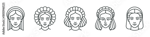 A set of five female portraits with various historical hairstyles, illustrated in a clean, minimalist black line art style isolated on a white background