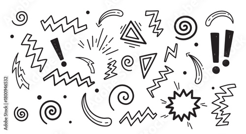 Set of various hand-drawn abstract shapes and design elements in a fun, retro doodle style, including zigzags, spirals, and exclamation marks isolated on a white background