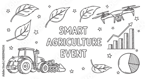 Black and white line art banner for a smart agriculture event, with hand-drawn icons of a tractor, drone, and graphs representing agritech innovation and data analysis