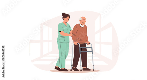 Supporting Mobility: Nurse Assisting Senior Using Walker And Illustrating Geriatric Healthcare