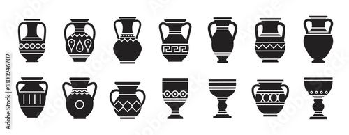 A collection of ancient vase and amphora silhouettes with traditional patterns, presented as a set of black icons on a white background for historical or artistic concepts
