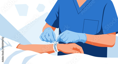 Medical Professional Places Hospital ID Band On Patient's Wrist For Identification Purposes