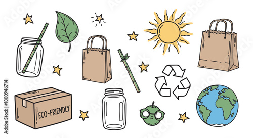 A charming hand-drawn doodle set of eco-friendly and zero-waste items including a reusable jar, paper bag, bamboo straw, recycling symbol, and planet earth for a sustainable lifestyle