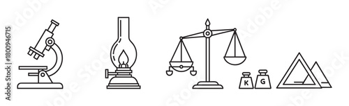 A set of black line art icons representing science, education, and measurement, featuring a microscope, oil lamp, balance scales, and drafting triangles isolated on a white background