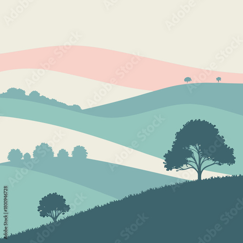 Rolling hills landscape with trees in pastel colors and a calm atmosphere