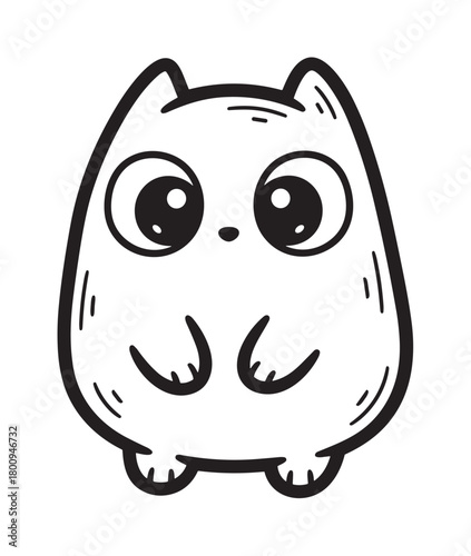 A simple black and white doodle of a cute, chubby cartoon animal with big innocent eyes, hand-drawn in a minimalist line art style and isolated on a clean white background