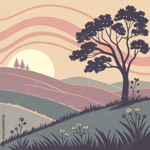 Idyllic landscape with rolling hills, a tree, and a warm sunset in the distance