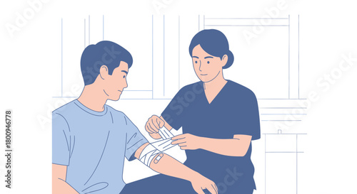 Medical Professional Treating a Patient's Arm Wound Using Bandage Illustration
