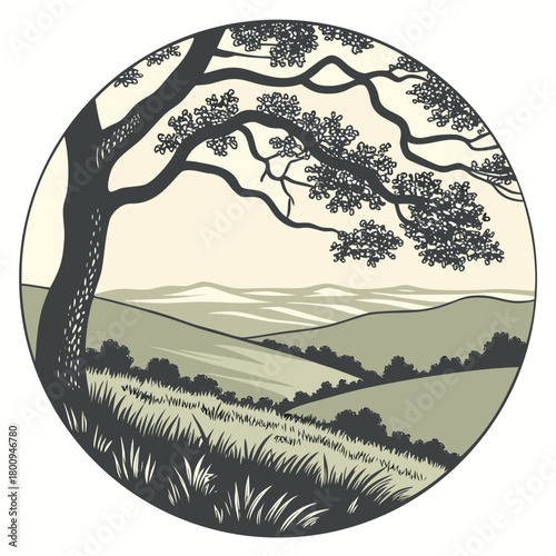 Rolling hills and a tree in a circular frame design with a neutral palette