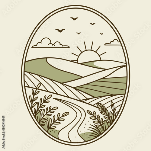 A beautiful landscape with rolling hills, a road, and a rising sun illustration