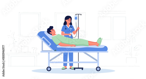 Patient Being Cared For By Medical Staff In Modern Hospital Room Treatment