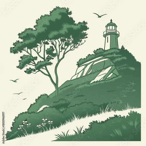 Green lighthouse on a hill with tree, birds, and vegetation on beige background