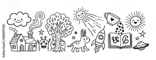 A whimsical collection of black and white doodle illustrations with a cute house, monsters, a rocket, and celestial elements, representing childhood imagination and storytelling