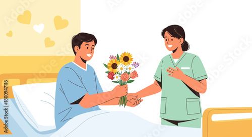 Patient Receives Flowers From Nurse, Showing Care And Compassion In Hospital Setting