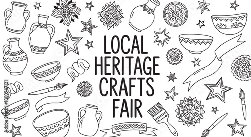 Promotional banner concept for a local heritage crafts fair featuring hand-drawn lettering, pottery, paintbrushes, and folk art doodles in a black and white line art style