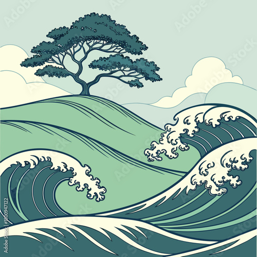 Seascape with waves, tree and hill on a sunny day with clouds