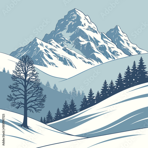 Winter landscape with snowy mountains and trees on a cold and sunny day
