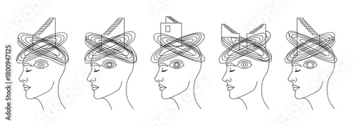 Abstract psychological concept art with a sequence of human heads in profile, illustrating the complex architecture of the mind with swirling lines and staircases