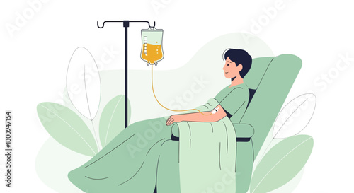 Patient Receiving Intravenous Fluids in a Hospital Setting with Green Foliage Art