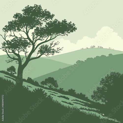 Green hills landscape with a lone tree in the foreground illustration