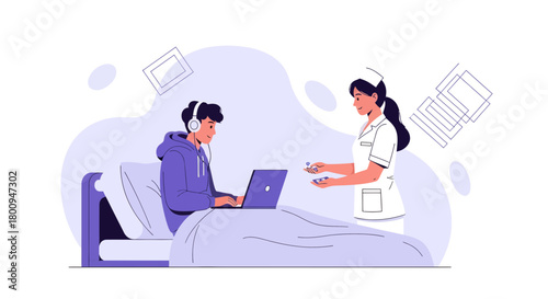 Patient Receiving Medication While Working on Laptop in Bed With Background Illustration