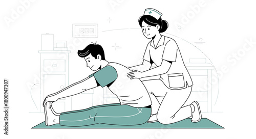 Patient Stretching With Nurse: A Medical Illustration Depicting Physical Therapy and Care