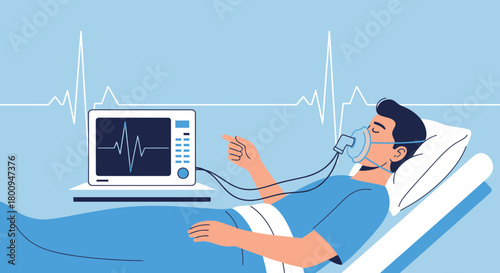 Patient Undergoing Oxygen Therapy Monitoring Vital Signs And Respiratory Assistance Illustration