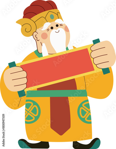 Cute cartoon-style Chinese god of wealth holding a blank red scroll, suitable for New Year greetings, festive banners, and celebration designs.