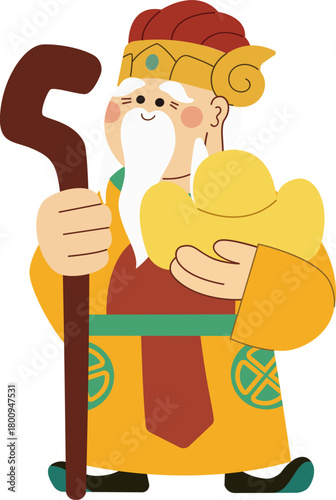 Cute cartoon Chinese god of wealth holding a gold ingot and a wooden staff, symbolizing prosperity, fortune, and blessings for the Lunar New Year.