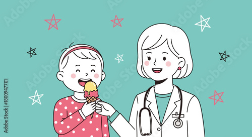Pediatrician Offers Sweet Treat: Smiling Child Enjoys Ice Cream in Playful Illustration