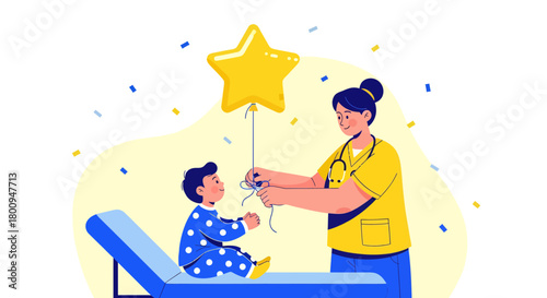 Pediatrician Offers A Golden Star Balloon To An Excited Young Patient Celebrating Wellness