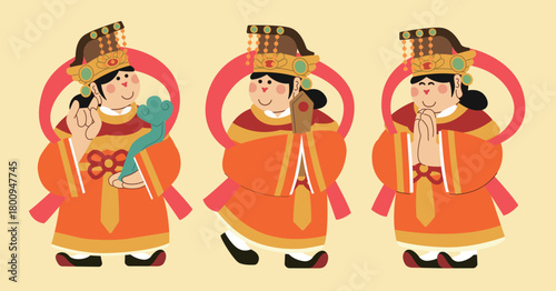 A complete set of three cute cartoon-style Chinese lucky goddesses dressed in traditional festive costumes, holding a ruyi, red envelope, and performing a blessing gesture. Perfect for Lunar New Year 