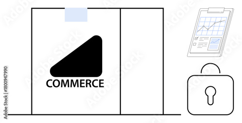 Storefront labeled commerce, clipboard with charts, and lock illustrating digital business, analytics, data privacy, security, online sales, business growth and digital strategies. A simple flat