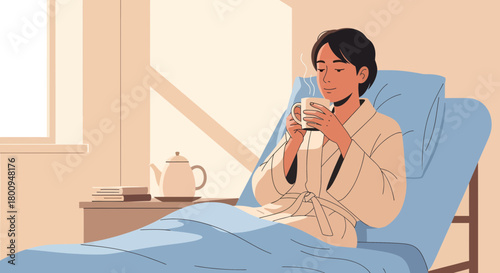 Relaxing Morning Ritual: Serene Person Enjoys Tea in Bed Amidst Sunrise Glow