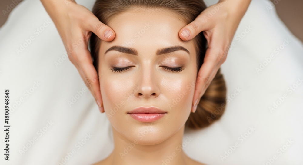 Fototapeta premium Headshot of beautiful relaxed lady with closed eyes, view from above, spa therapist doing facial and head massage in beauty salon.