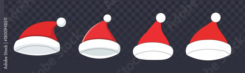 Set of four red and white Santa hats shown from different angles on a transparent background. Perfect for Christmas holiday graphics, festive banners, seasonal designs, and winter events.