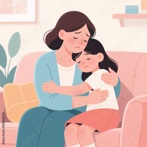A Sad Mother and Daughter Illustrator Artwork Banner Background Design Template 