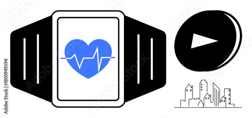 Fitness watch with heart rate icon on screen, city skyline illustration, and play button. Ideal for health tracking, exercise, technology, innovation, urban living, wellness and lifestyle themes