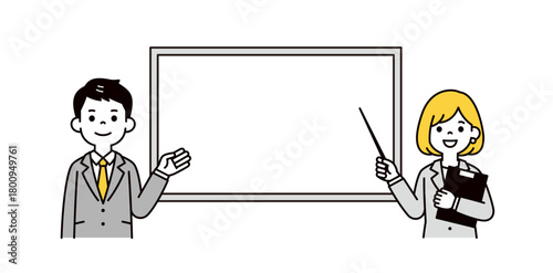 ホワイトボードと、指示棒を持つスーツを着た若い男性と女性の上半身ベクターイラスト素材