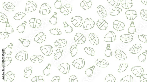 Pattern of onigiri and soy sauce bottles, ideal for food blogs, social media posts, restaurant menus, and japanese cuisinerelated designs.