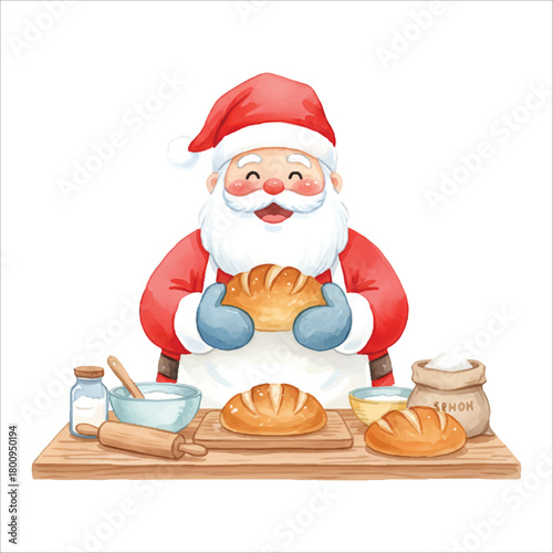 Watercolor Santa Claus Baker Making Bread Vector Illustration, Isolated on White Background
