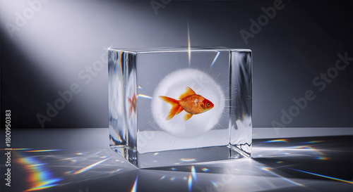 Goldfish in an ice cube on the table, colored lens, multi-colored rays, studio photography, minimalism