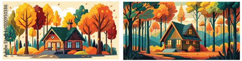Cozy cabin in autumn forest landscape vector illustration for seasonal design and decoration use
