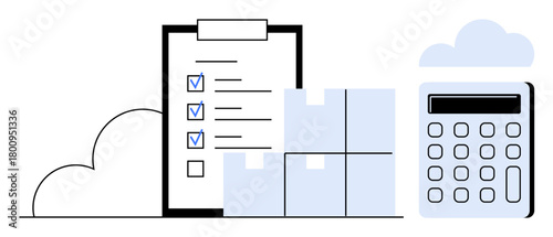 Checklist clipboard with marked tasks, stacked boxes, calculator, and clouds representing inventory tracking, storage, organization, shipping, accounting planning and workflow. Simple flat metaphor
