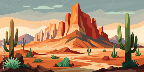 Desert landscape vector art scenic background with cactus and mountains illustration design
