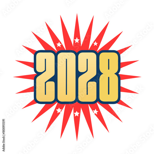 2028 year text with red starburst rays number numeral