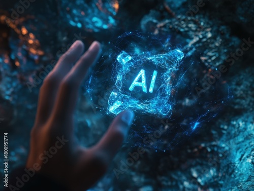 photorealistic top-down view of a hand about to touch a floating blue holographic 